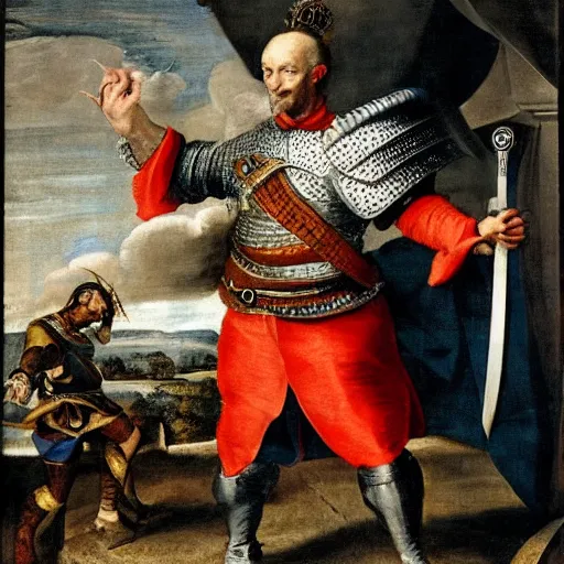 Image similar to donald trump, wearing knight ’ s armor, holding a spectacular broadsword, by annibale carracci, two arms, two legs, donald trump, symmetrical face, highly detailed face, perfect face