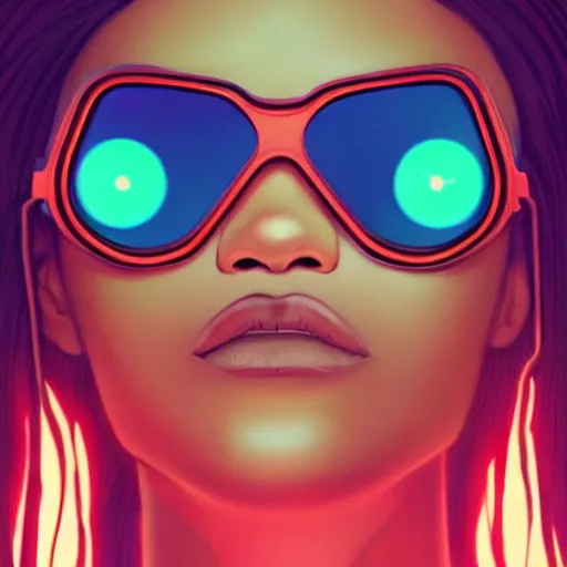 Image similar to zendaya wearing opaque reflective goggles profile picture by Greg Rutkowski, brown skin, very long hair, dune, asymmetrical, futuristic, neon volumetric lights, cool colors, streetwear, studio ghibli, Organic Painting , Matte Painting, geometric shapes, hard edges, street art, trending on the artstation, fantasy LUT, realistic by Sachin Teng + Martin Grip + Moebius, techwear, Industrial Scifi, detailed illustration, character portrait,