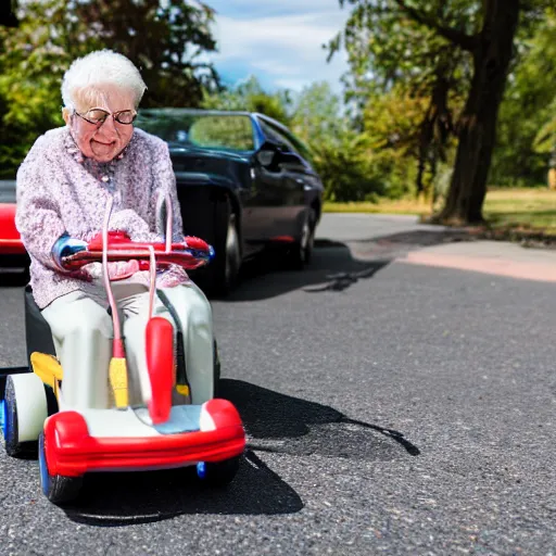 Image similar to elderly woman as a toy car, canon eos r 3, f / 1. 4, iso 2 0 0, 1 / 1 6 0 s, 8 k, raw, unedited, symmetrical balance, wide angle