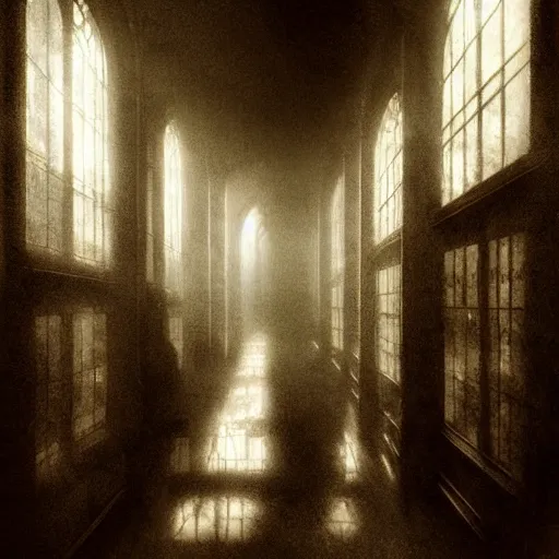 Prompt: a long hallway of mirrors. victorian interior, with many mirrors, spiders and spiderwebs everywhere, elegant design, haunting atmosphere, dark lighting, gothic, horror style, scary, swirling fog, volumetric lighting, by greg rutkowski, realistic, dutch angle,