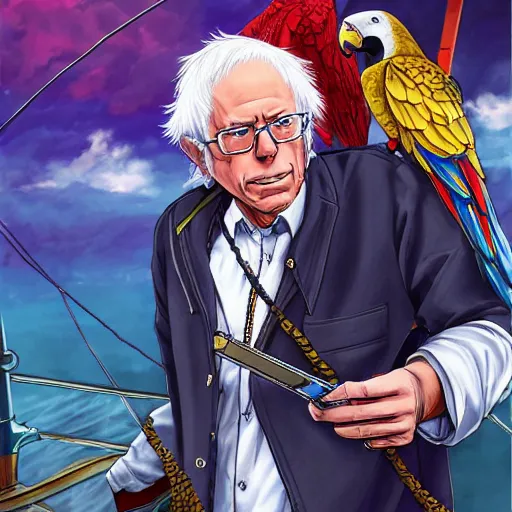 Image similar to bernie sanders as a shonen protagonist standing on the deck of a pirate ship, eye patch, colorful parrot, anime style, intricate, highly detailed, digital painting, artstation, concept art, 4 k