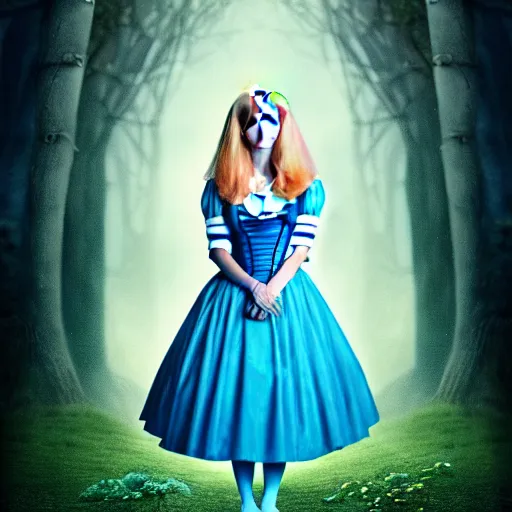 Image similar to beautiful full body portrait of alice in wonderland, middle aged, atmospheric, 4 k, strap shoes, white rabbit in background