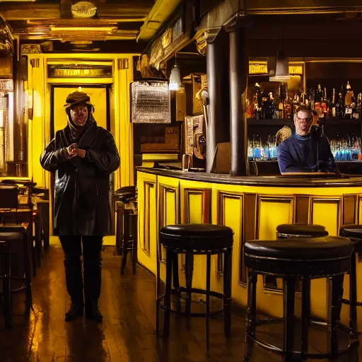 Prompt: a portrait of a lonely man in a leather jacket sitting in a bar full of people, the other people are all dressed in yellow protective suits, in the style of edward hopper, 4 k,