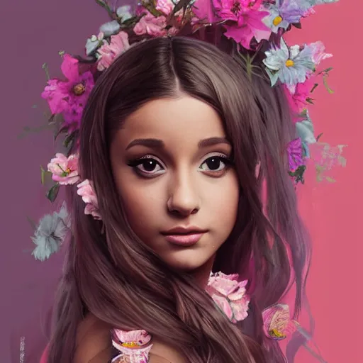 Image similar to painting of ariana grande dressed with flowers, illustration, artistic, colorful, hyper detailed, in the style of Greg Rutkowski