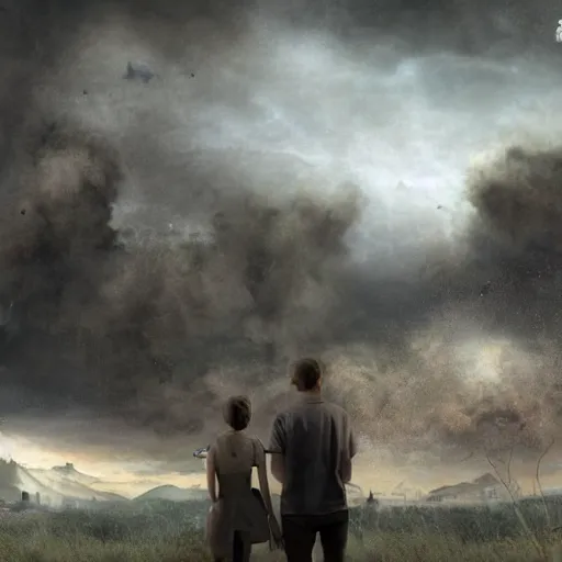 Image similar to a young couple watching the apocalypse unfold, romantic detailed digital matte painting