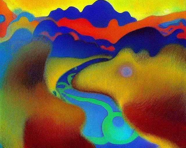 Image similar to An insane, modernist landscape painting. Wild energy patterns rippling in all directions. Curves, organic, zig-zags. Mountains, clouds. Rushing water. Waves. Psychedelic dream world. Odilon Redon. Peter Max.