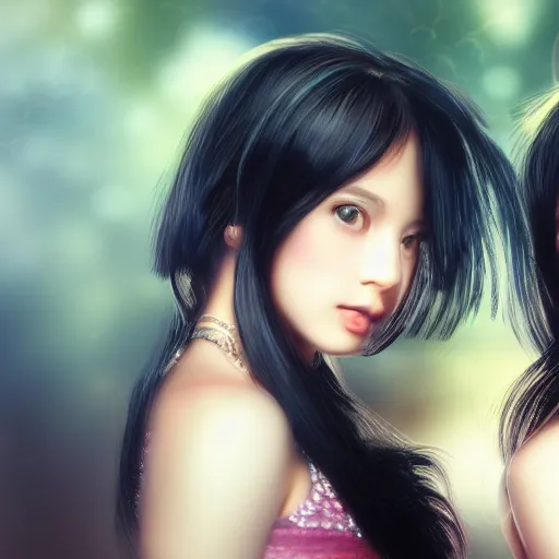 Image similar to of 2 girls with pearl shining in backgroud, black hair, photorealistic, cinematic light, highly detailed,