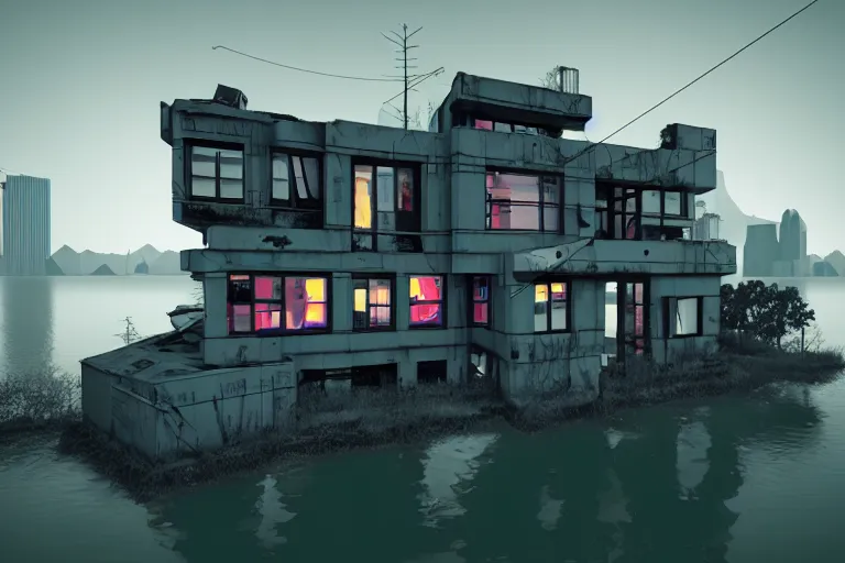 Image similar to distorted cyberpunk house in the lake, artwork by bauhaus, 4 k, 3 d ar vr art, metaverse concept art