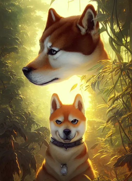 Image similar to Highly detailed portrait of Shiba inu, Stephen Bliss, unreal engine, fantasy art by Greg Rutkowski, Loish, Rhads, ferdinand knab, Makoto Shinkai and Lois van baarle, ilya kuvshinov, rossdraws, Tom Bagshaw, alphonse mucha, global illumination, radiant light, detailed and intricate environment