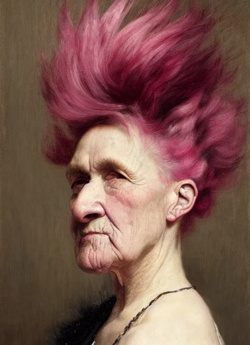 Image similar to a detailed portrait of old woman with a mohawk by edouard bisson, pink hair, punk rock, oil painting, muted colours, soft lighting