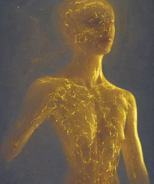 Image similar to Beautiful full-body wax sculpture of glowing transparent woman with visible gold bones covered with melted white wax inside the singularity where stars becoming baroque folds of dark matter by Michelangelo da Caravaggio, Nicola Samori, William Blake, Alex Grey and Beksinski, dramatic volumetric lighting, highly detailed oil painting, 8k, masterpiece