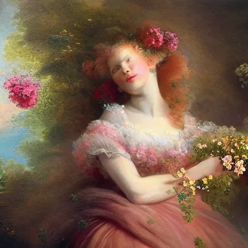 Prompt: the flowers and butterflies are in bloomed fields, realistic, ethereal, cinematic, in the style of jean - honore fragonard, detailed oil painting