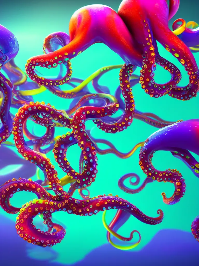 Image similar to colorful liquid octopus tentacles, beeple, octane render, hyper detailed painting, particles, bubbles