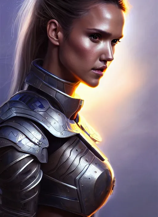 Image similar to portrait of a beautiful female soldier from the future wearing armor, jessica alba, intricate, elegant, glowing lights in armor, highly detailed, digital painting, artstation, glamor pose, concept art, smooth, sharp focus, illustration, epic angle, art by artgerm and greg rutkowski, artey freytag, alvin schwartz