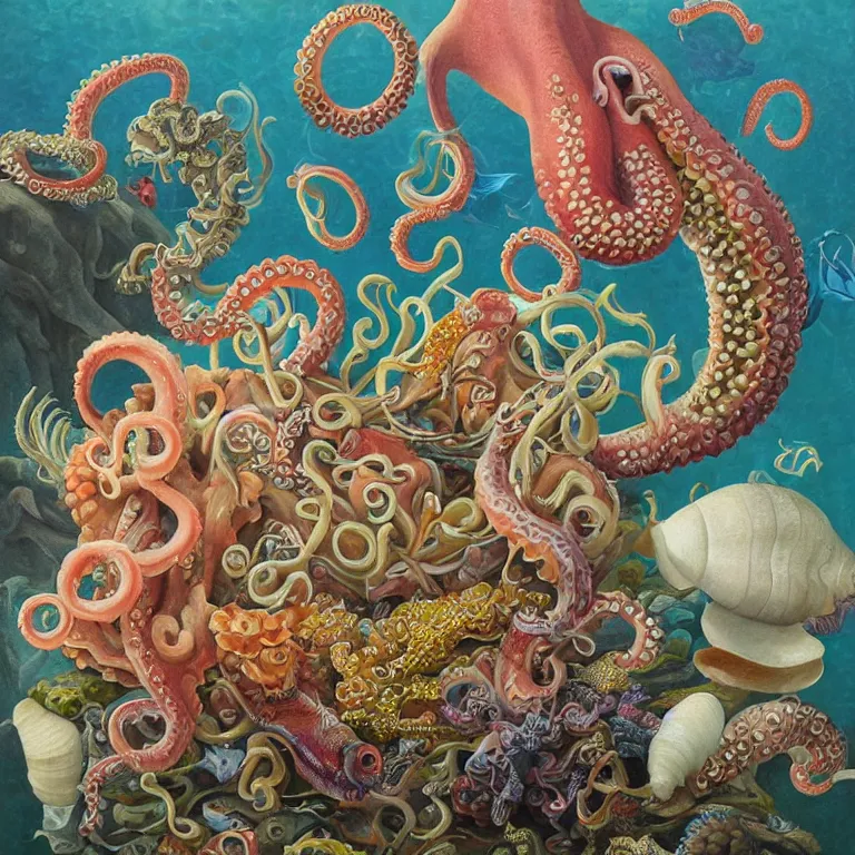 Prompt: kevin sloan painting of crowded still life of octopus tentacle, various colorful fish, seaweed, coral, pearls, shells, conch shell, star fish, seahorse, dutch masters style, insanely detailed