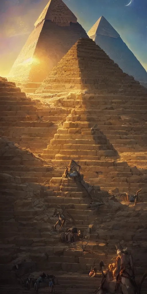 Image similar to symmetry!! egyptian gods building the pyramids, surreal, dreamlike, lucid dream, very detailed, perfect lighting, perfect composition, 4 k, artgerm, derek zabrocki, greg rutkowski