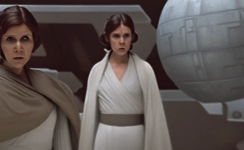 Image similar to screenshot portrait Leia learning the force at Jedi Temple scene from the last jedi, 1970s film by Stanley Kubrick, serene, iconic scene, stunning cinematography, hyper detailed, sharp, anamorphic lenses, kodak color film, 4k