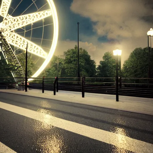 Image similar to one ferris wheel at night in an empty parking lot, hyperrealistic, concept art, octane render, unreal engine 5, trending on artstation, high quality, highly detailed, 8 k hdr, soft lighting, path traced, starry background, bloom, high coherence, symmetrical, high contrast, digital art, serene landscape, cinematic