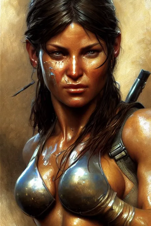 Prompt: muscular sweat lara croft, face close up, exhausted, highly detailed painting by gaston bussiere, craig mullins, j. c. leyendecker 8 k