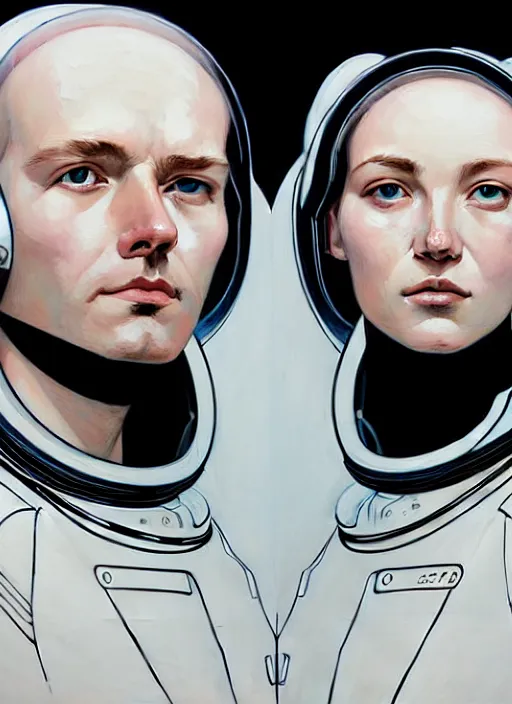 Image similar to artwork by james jean and Phil noto; a close up on the face of a beautiful man and woman in a future space suit; wearing futuristic astronaut helmet; highly detailed; pretty eyes; circular black pupils; artwork by james jean and Phil noto