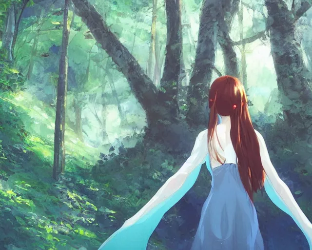 Prompt: a girl with two wings on her back in a forest. She has TWO wings on her back!!! Angel! Two blue wings!! She is facing the camera!!! Close up!! Front shot!! By Makoto Shinkai, trending on ArtStation, digital art.