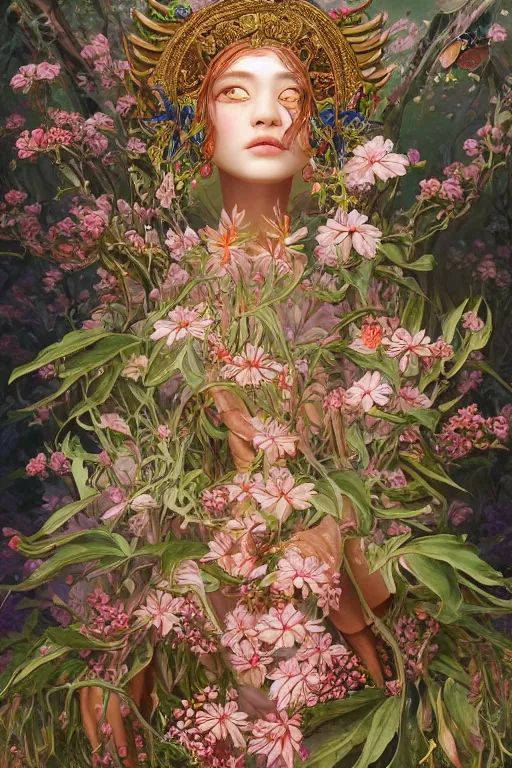 Image similar to breathtaking detailed concept art painting of the goddess of bug, orthodox saint, with anxious, piercing eyes, ornate background, amalgamation of leaves and flowers, by Hsiao-Ron Cheng, James jean, Miho Hirano, Hayao Miyazaki, extremely moody lighting, 8K
