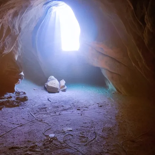 Prompt: photo inside a cave of a building and a giant orange glowing transparent shadow humanoid of one thousand feet of height