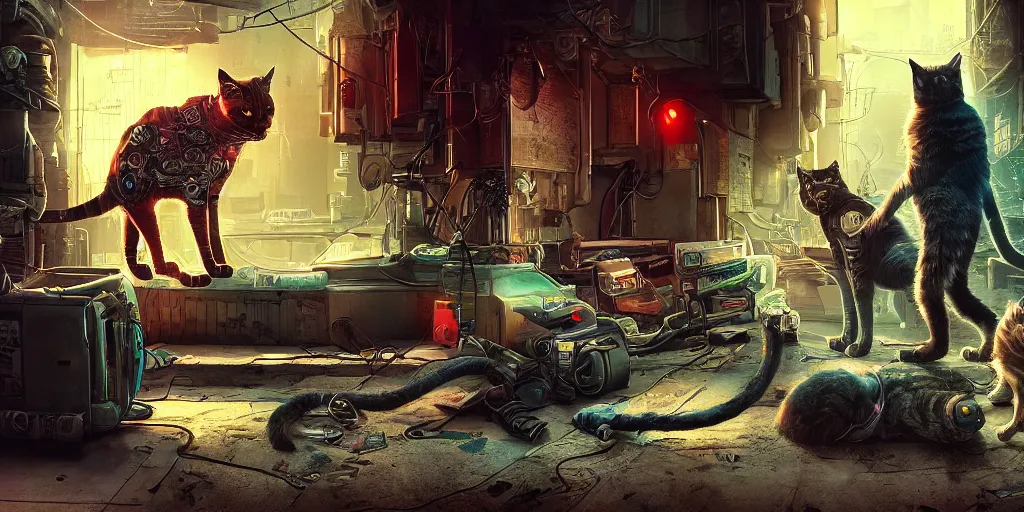 Image similar to cyberpunk cat and normal cat, brothers, fallout 5, studio lighting, deep colors, apocalyptic setting