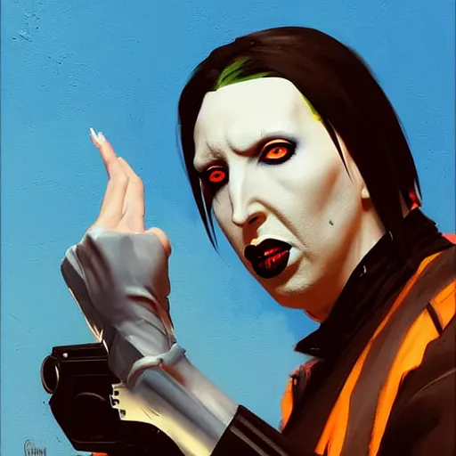 Prompt: Greg Manchess portrait painting of Marilyn Manson as Overwatch character, medium shot, asymmetrical, profile picture, Organic Painting, sunny day, Matte Painting, bold shapes, hard edges, street art, trending on artstation, by Huang Guangjian and Gil Elvgren and Sachin Teng