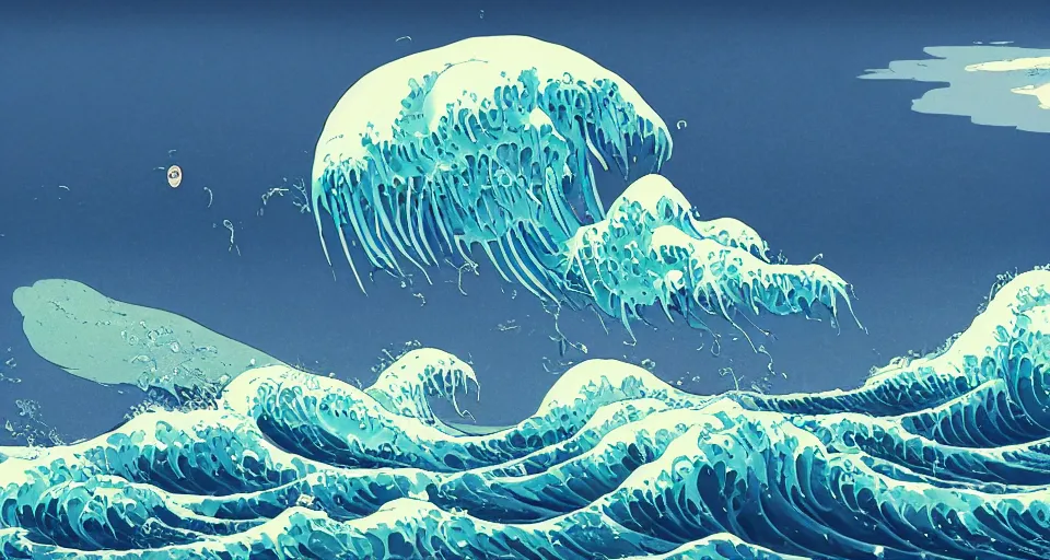 Image similar to A very beautiful serene coastal landscape scene with a GIANT MECHA JELLYFISH looming in the distance, bright sunny waves splashing on the beach, The Great Wave off Kanagawa by hokusai, Translucent rendered by simon stålenhag, rendered by Beeple, Makoto Shinkai, syd meade, environment concept, digital art, starwars, unreal engine, 3 point perspective, WLOP, trending on artstation, low level, 4K UHD image, octane render,