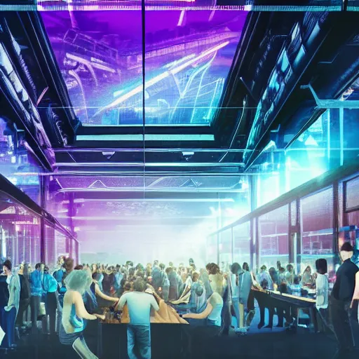 Image similar to large group people in a huge warehouse, looking at hologram of futuristic city on a table | cinematic concept art | godrays | 4 k | clear details | tabletop buildings | tabletop | hologram foreground
