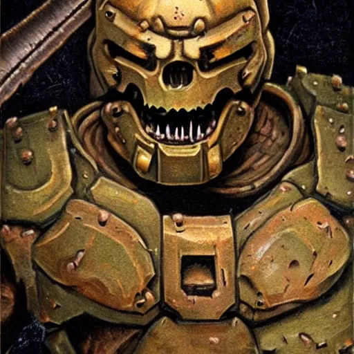 Prompt: portrait of a doomguy from doom, in his battle armor. he's a bodybuilder. visible biceps. gritty cyberpunk, messy blood. skeletons, corpses, monsters, bloated warhammer creatures. combat armor, exoskeleton. game cinematic still. digital illustration by frank frazetta. oil painting, highly detailed, centered, artgerm