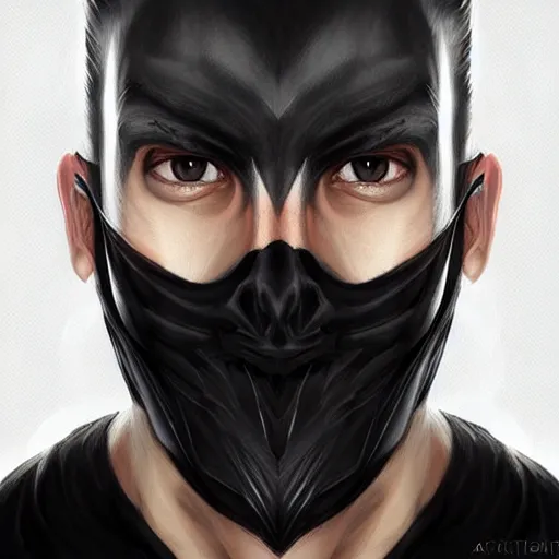 Image similar to man wearing black fabric mask, highly detailed face, character art portrait, deviantart artstation, by artgerm
