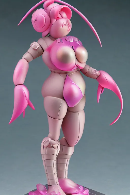 Image similar to a fat bubbly super detailed anime figurine with fluo color detail, and muted arm colors, that looks like a insect, surrounded by plastic synthetic ionized metal flower sculptures