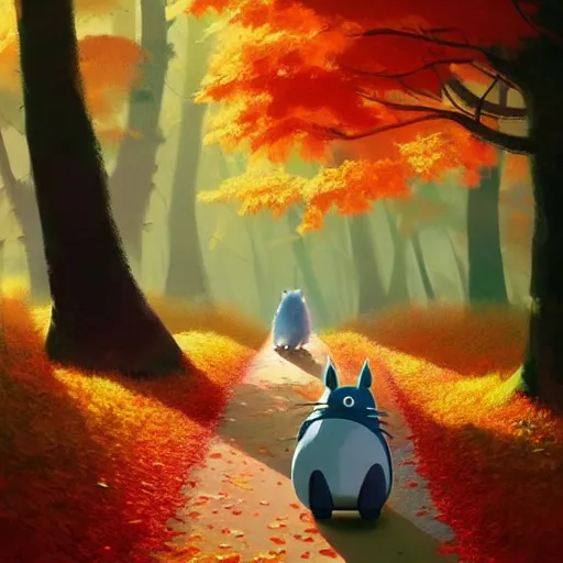 Image similar to goro fujita ilustration an autumn forest with large trees and light coming through the leaves | totoro walking, painting by goro fujita, sharp focus, highly detailed, artstation