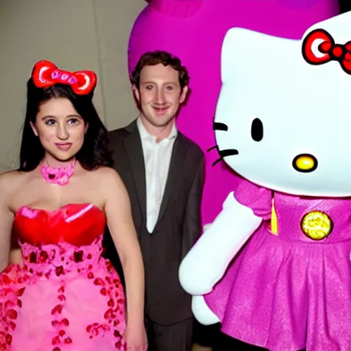 Prompt: zuckenberg poorly role playing as hello kitty, award-winning photo