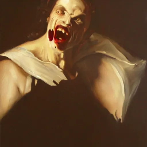 Image similar to oil painting portrait of (vampire) by hyacinthe rigaud, (Greg rutkowski)