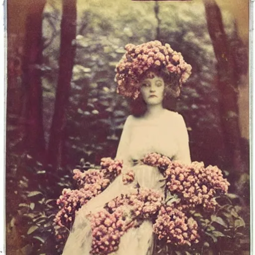 Image similar to portrait of a beautiful woman covered in flowers, Forest, ray gods, 1910 polaroid photography