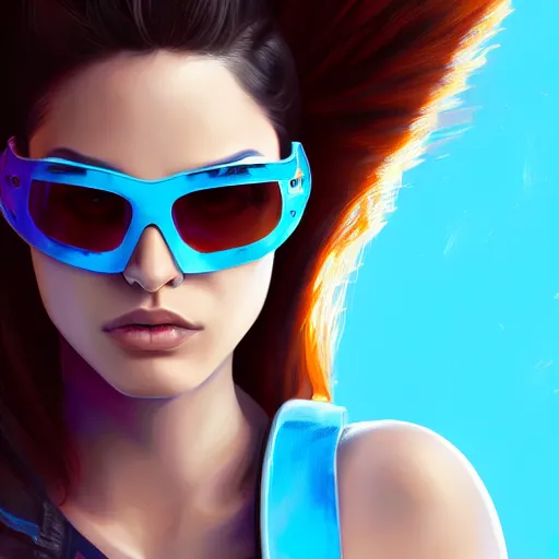 Image similar to closeup painting of a very beautiful young mexican cyberpunk woman smirking, wearing light blue shades and a leather jacket, one side haircut, long brown hair with light blue ends, portrait, hyperdetailed, artstation, cgsociety, 8 k