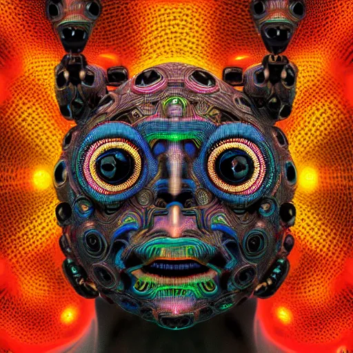 Prompt: symmetrical close up roboter face with eyes and mouth, black background, shaman, colorful, psychedelic trip, patterns, fine mandelbrot fractal lace, 1 5 0 mm, soft rim light, elegant, hyper real, depth of field, sharp focus, ultra detailed, octane render, giger beksinski, 1 6 k - n 4