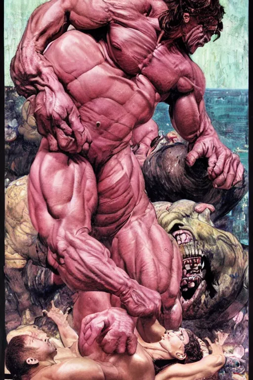 Image similar to portrait of morgan aste as huge pink hulk standing triuphant over dead alien, painted by jack kirby, lawrence alma tadema, norman rockwell, greg staples, wayne barlow, jacob collins, tom lovell, frank schoonover, neville page