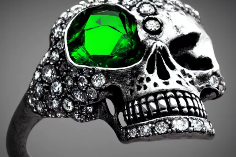 Prompt: stunning magic skull ring with a diamond, poison, green, mist, skull, energy, engraving, d & d, item, graphic, close - up, design, shimmer, artbook, page, detailed, trending on artstation, cgsociety, art by greg rutkowski and thomas kinkade and moebius