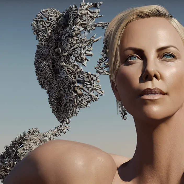 Image similar to Charlize Theron. intricate artwork. in black rock desert, at burning man. octane render, trending on artstation, very coherent symmetrical artwork. cinematic, hyper realism, high detail, octane render, 8k, iridescent accents