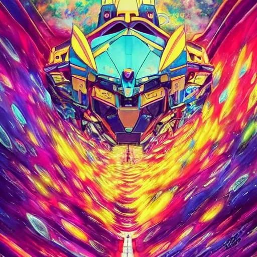 Image similar to An extremely Gundam psychedelic experience, colorful, surreal, mecha, LSD, face, jet turbine, tarot, detailed, intricate, elegant, highly detailed, super detailed, insane detailed, digital painting, concept art, smooth, sharp focus, illustration, art by josan gonzales, Krenz Cushar, Marco Plouffe, dan mumford, Artem Demura and alphonse mucha