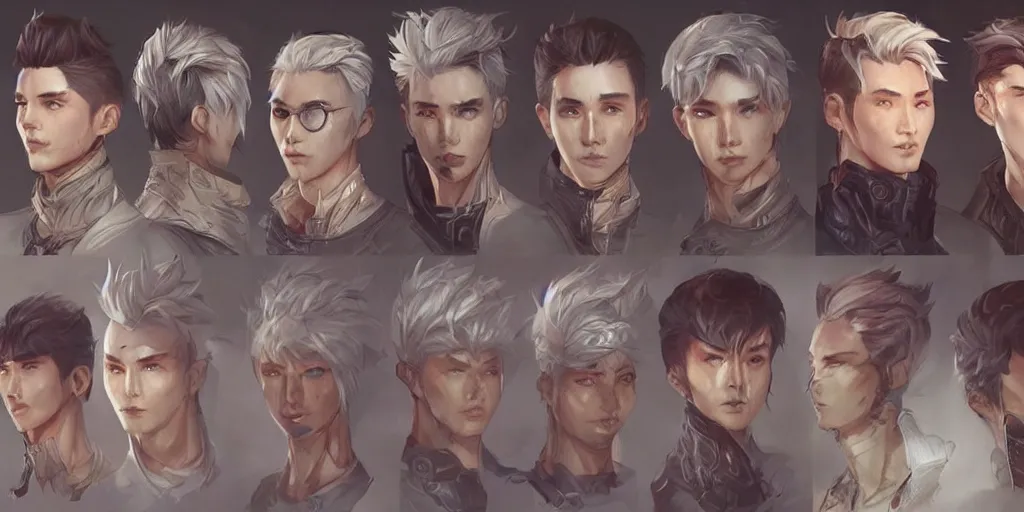 Prompt: concept art of rugged korean male netrunner d & d video game characters head designs, unique hair designs, by marc brunet and artgerm