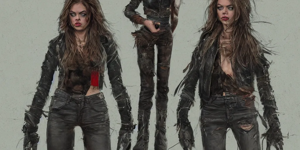 Image similar to samara weaving as a wanderer with tattooed neck, wearing a scratched leather and ripped leather jeans, wearing an aviator outfit with a colorful stamp on its back, character sheet, fine details, props, concept design, contrast, kim jung gi, greg rutkowski, trending on artstation, 8 k, full body, turnaround, front, back, ultra wide angle