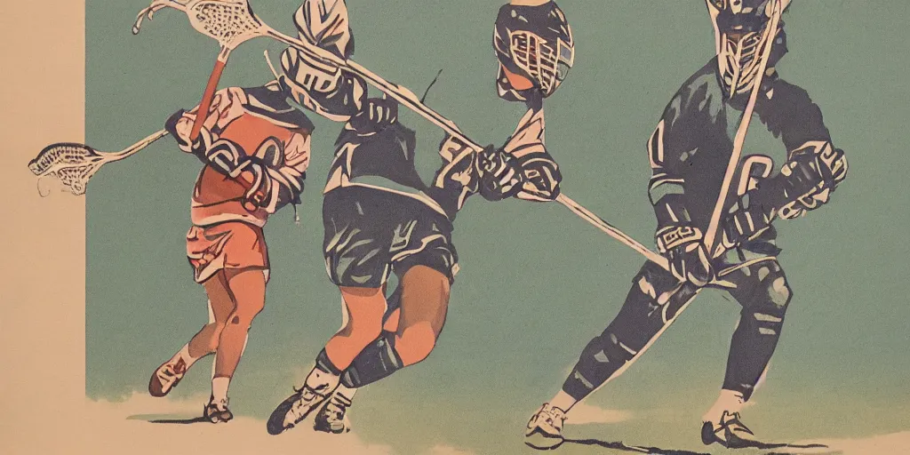 Prompt: lacrosse stick in the style of a 1 9 7 0's illustration