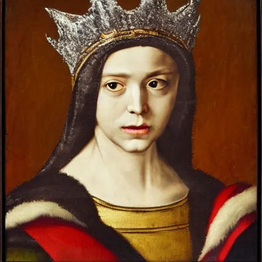 Prompt: a wolf wearing a crown and cape, renaissance style portrait painting, dark background