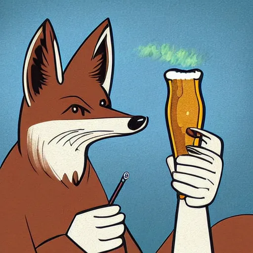 Image similar to a polygamous fox with a hat drinking beer and smoking e - cigarette, digital art, high details