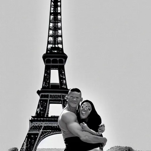 Prompt: john cena hugging the eiffel tower, digital art